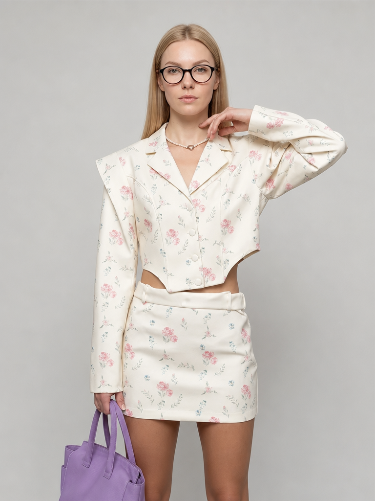Women's Floral Two Piece Blazer & Skirt Set